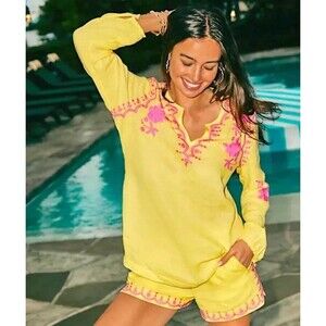 Lilly Pulitzer Tunic Top Small Coby Seacoast Linen Embroidered Yellow Pink Shirt